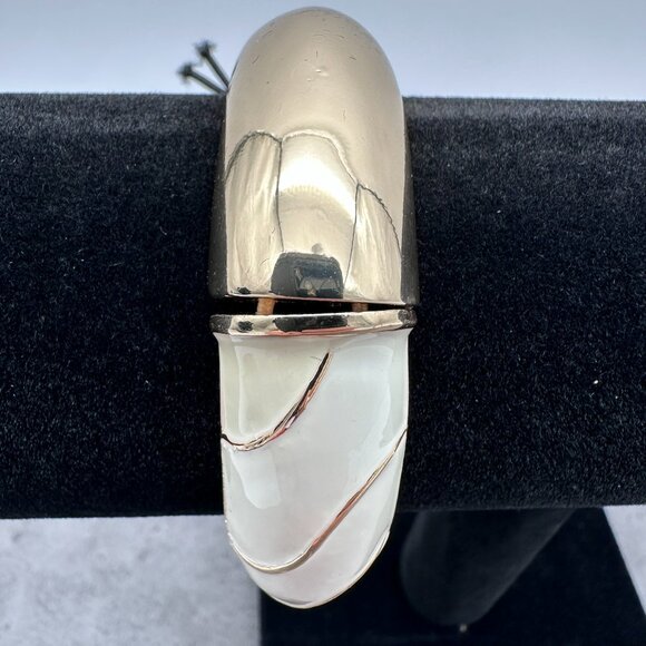 Open Edit Enamel Split Stretch Two Tone White Cream Gold Tone Bangle Bracelet - Picture 6 of 10